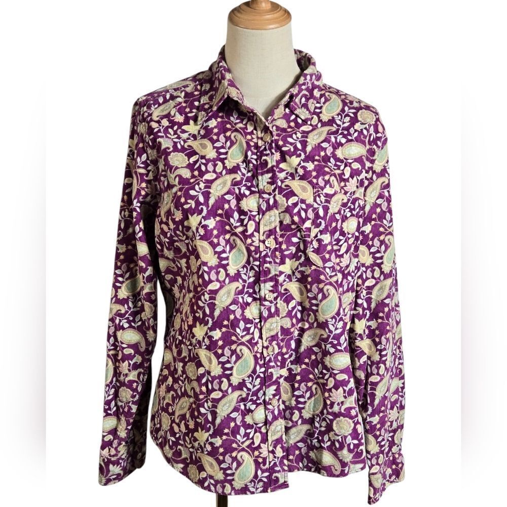L.L. Bean Purple Floral Paisley Corduroy Button Down Shirt